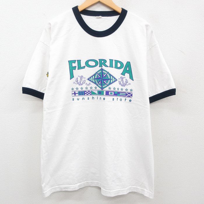 XL/古着 半袖 ビンテージ Tシャツ メンズ 90s フロリダ イカリ クルーネック 白　リンガー ホワイト 23aug19 中古