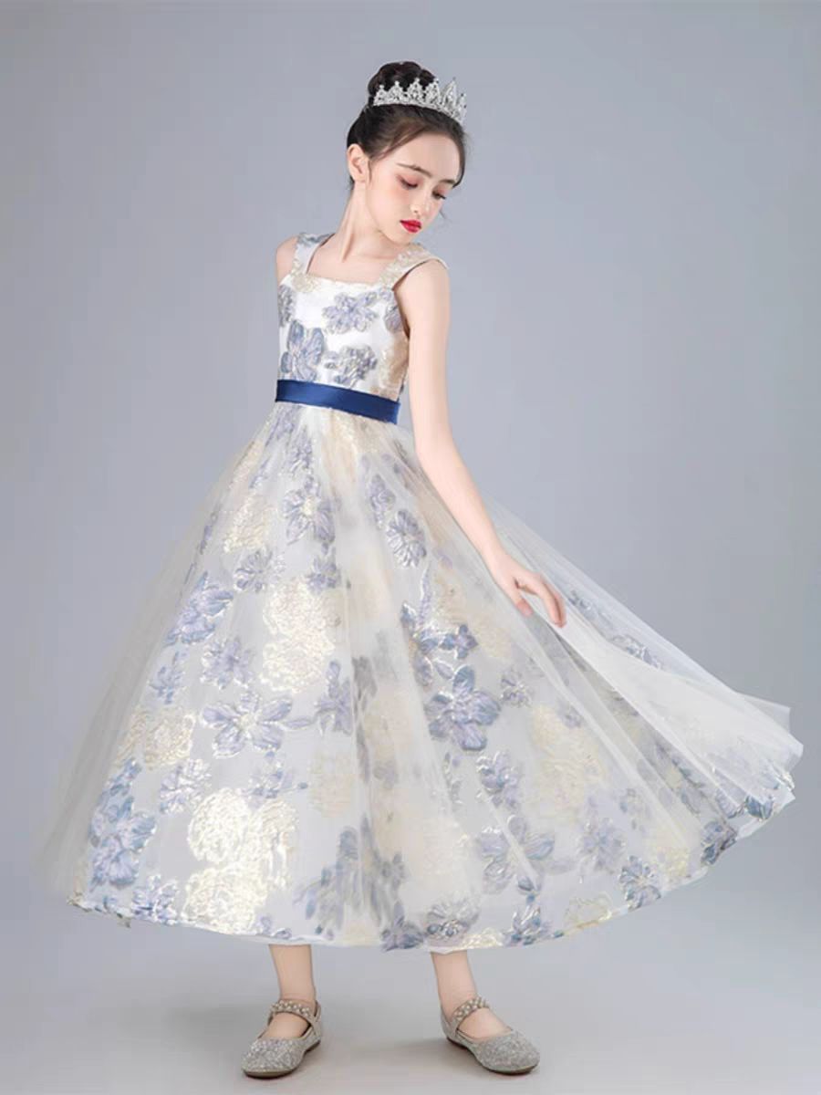 小熊のクローゼット オフホワイト色 ブルー 水色 大きなお花 ロングドレス チュールドレス ピアノ発表会 130-