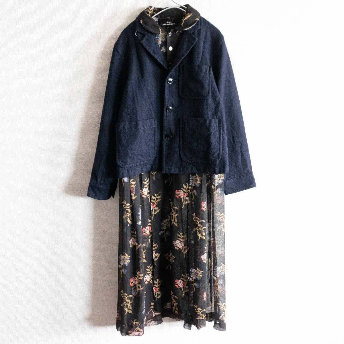 ✨美品✨トリココムデギャルソン ワンピース 丸襟 花柄 総柄 ストライプ 異素材 美品】tricot COMME des GARCONS【ドッキング 丸襟ワンピース】S