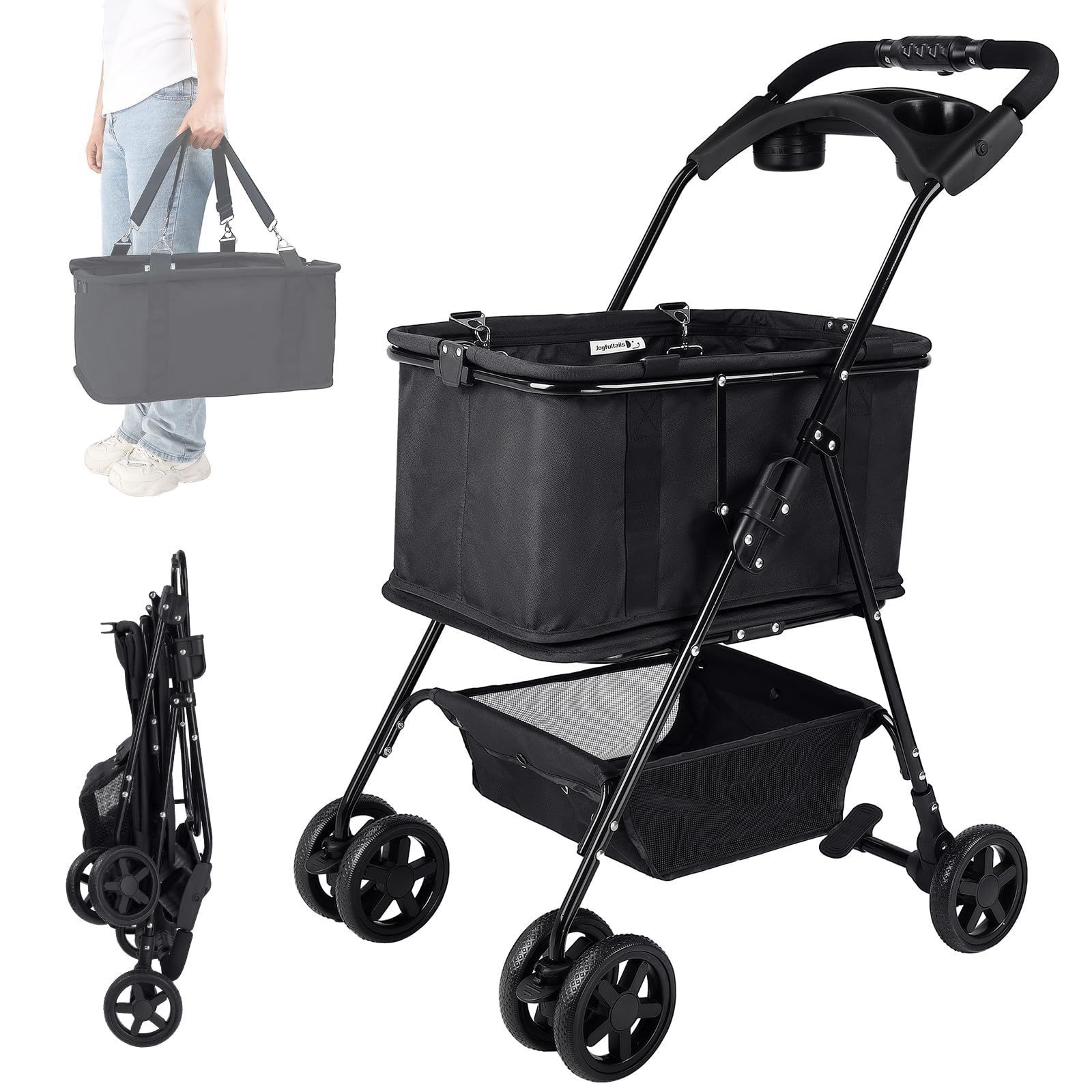 Joyfultails ショッピングカート ワンタッチ 折りたたみ 買い物カート 2段 コンパクト収納 静音 軽量 キャリー カゴ 取り外し 4輪 ブレーキ付き スーパー 買い物かご エコバッグ 大容量 ブラック
