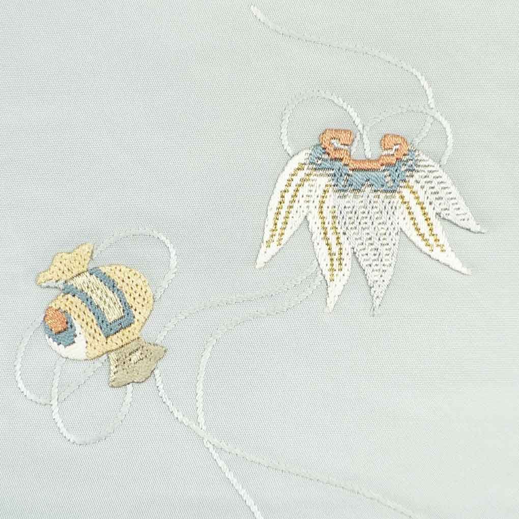 名古屋帯 幅31cm 長さ364cm レディース 宝尽くし 秋冬春用 正絹 シルク グレー リメイク リユース リサイクル 呉服のきくや