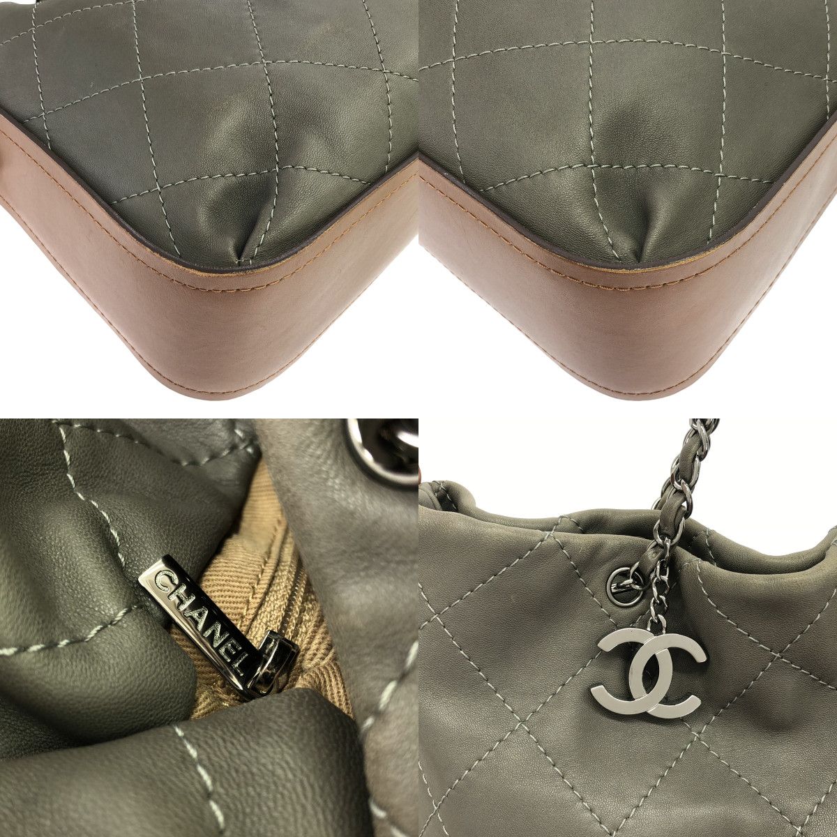 CHANEL / シャネル | 2way ショルダー付き レザー ココマーク チャーム キルティング チェーンハンドル トートバッグ | グレー/ブラウン | レディース CHANEL / シャネル | 2way ショルダー付き レザー ココマーク チャーム