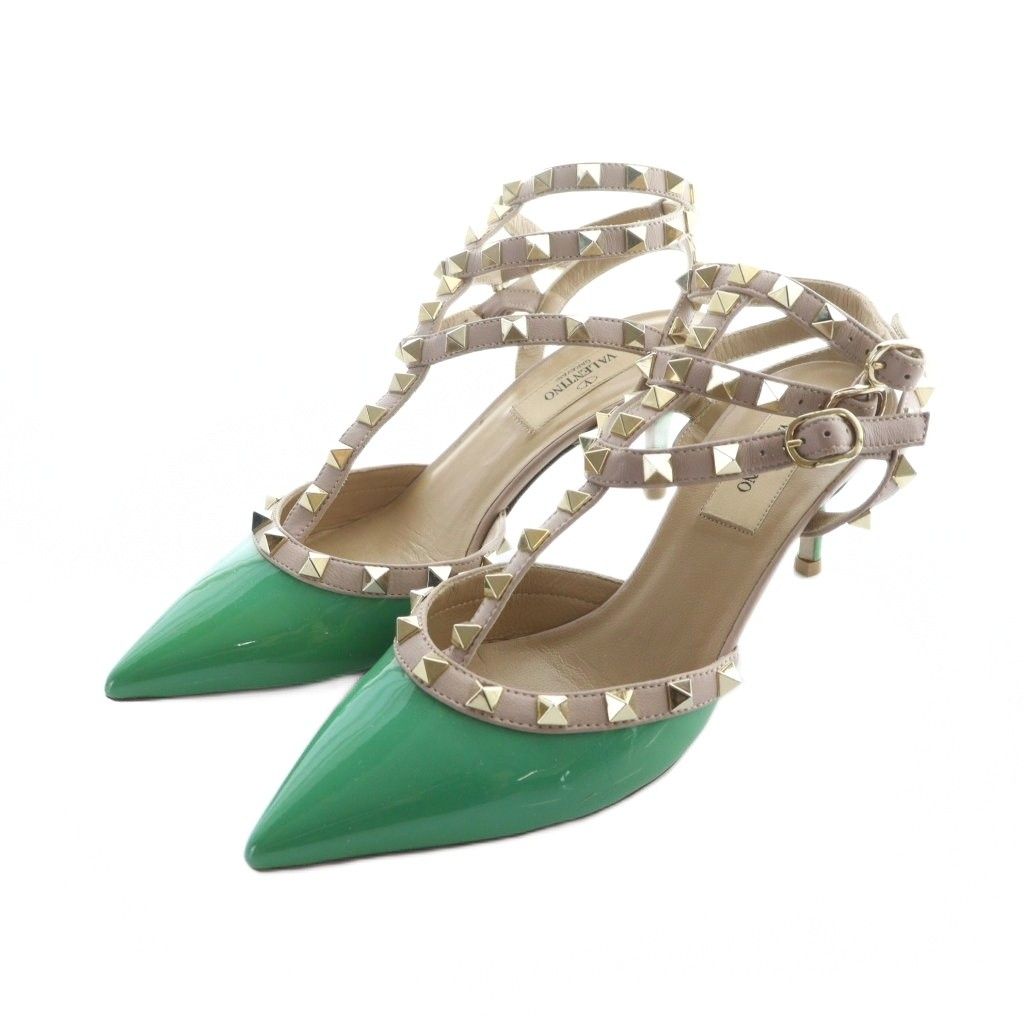 ヴァレンティノ ガラヴァーニ VALENTINO GARAVANI サンダル スタッズ ピンヒール ポインテッドトゥ レザー ロゴ 36 23cm ベージュ 緑 グリーン GY18 MQ