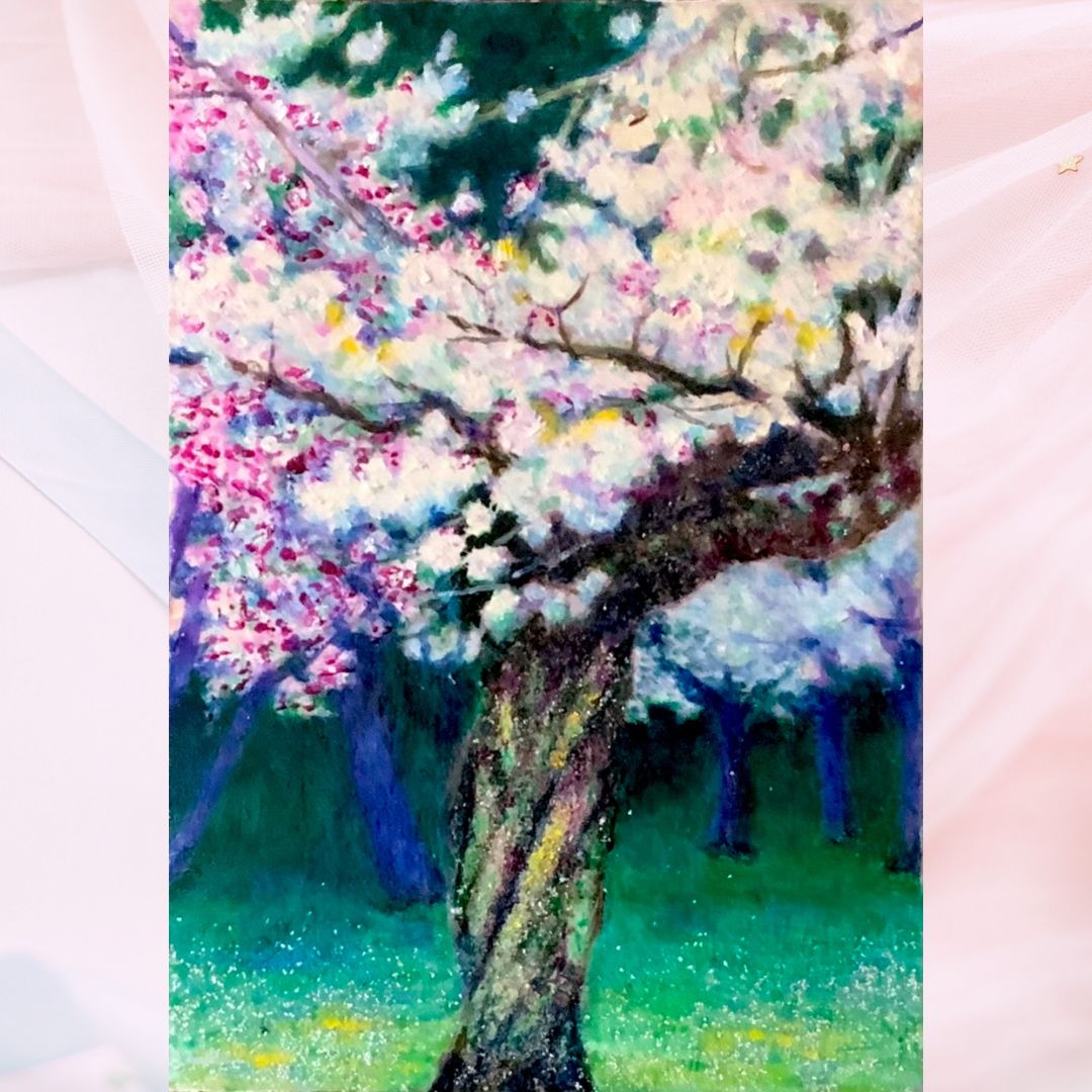 風景画作品&frasl;花の風景「夜桜」油彩画&frasl;SM&frasl;額付き　福家佳則作品&frasl;2023年制作 京都嵐山 柔らかくて優しい絵