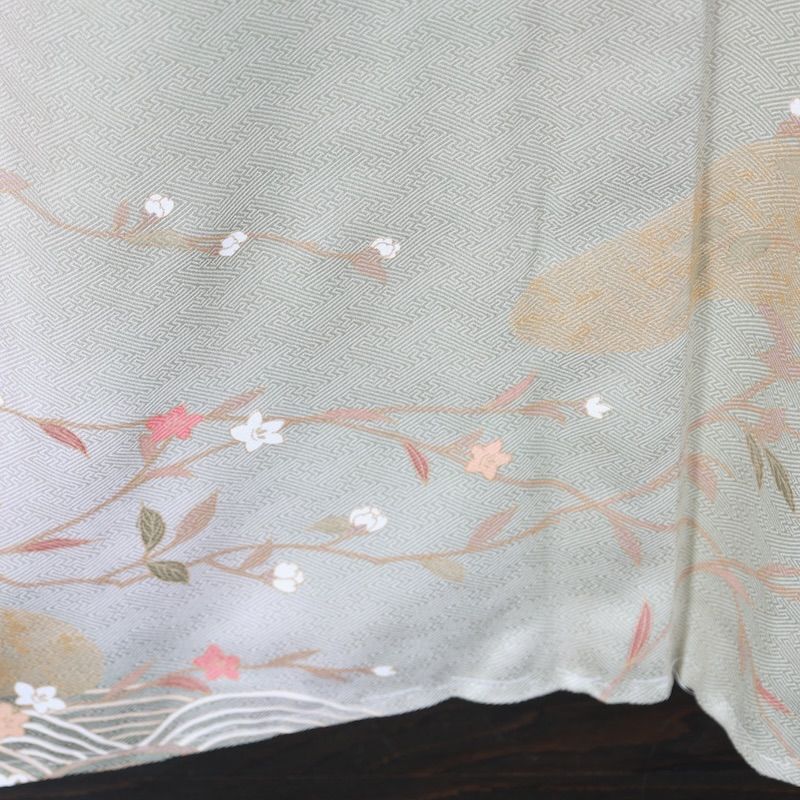 訪問着 新品未使用品 ひわ 珊瑚朱 グリーン ゴールド 白 花 雪輪 波 京