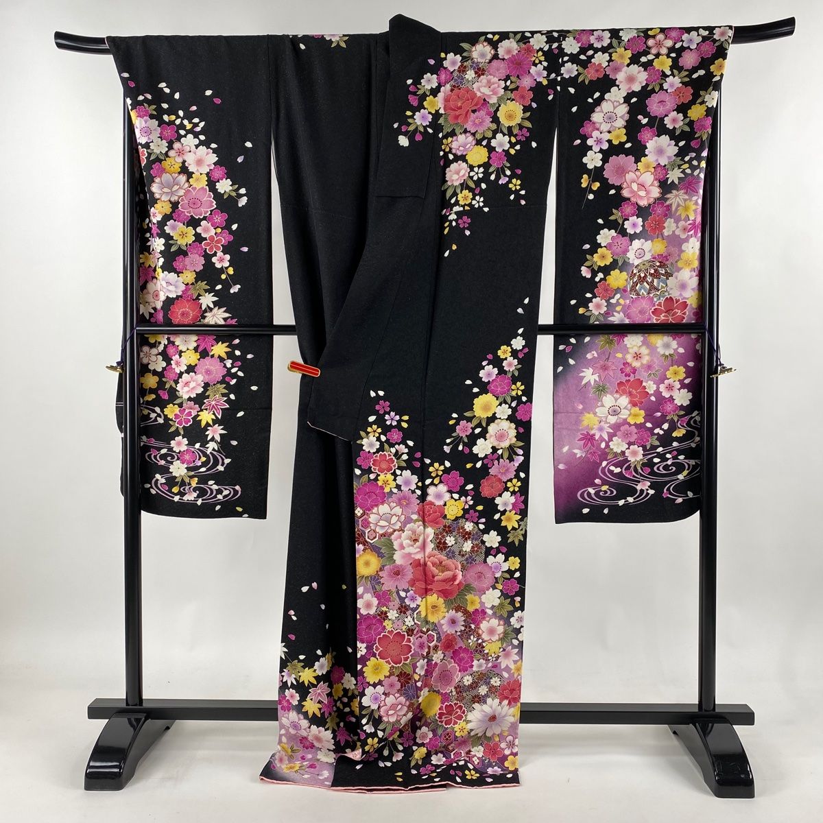 振袖 身丈172cm 裄丈73cm L 袷 雪輪 草花 銀通し 刺繍 黒 正絹 美品