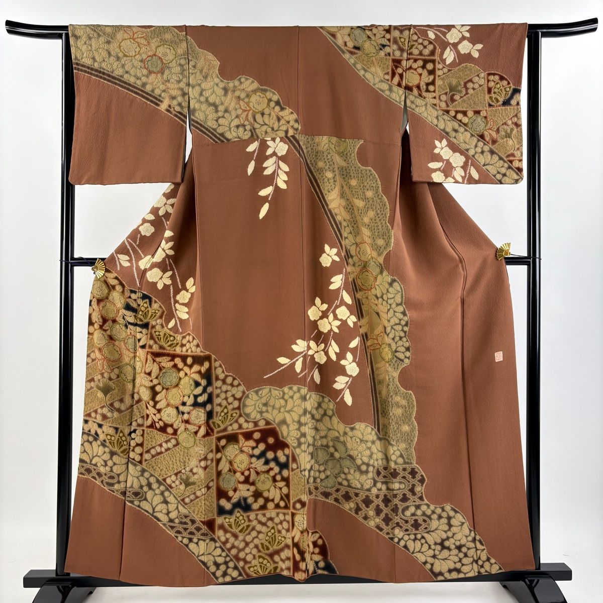 訪問着 身丈157cm 裄丈63.5cm S 袷 滝泰 落款 辻が花 蝶 絞り 茶色