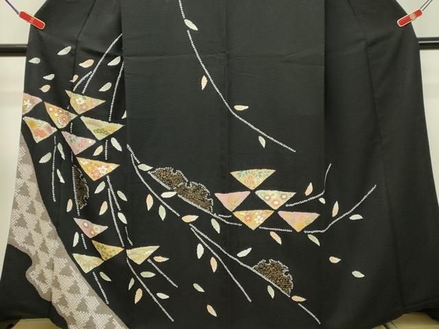 平和屋着物●訪問着　絞り　枝垂れ草花文　黒地　金彩　正絹　逸品　DAAS2141tw 平和屋着物○訪問着 絞り 枝垂れ草花文 黒地 金彩 正絹 逸品