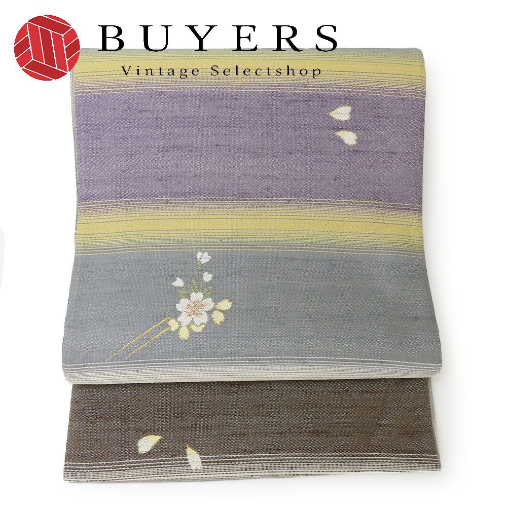 中古】 袋帯 正絹(金銀糸除く) グレー パープル ブラウン ホワイト  