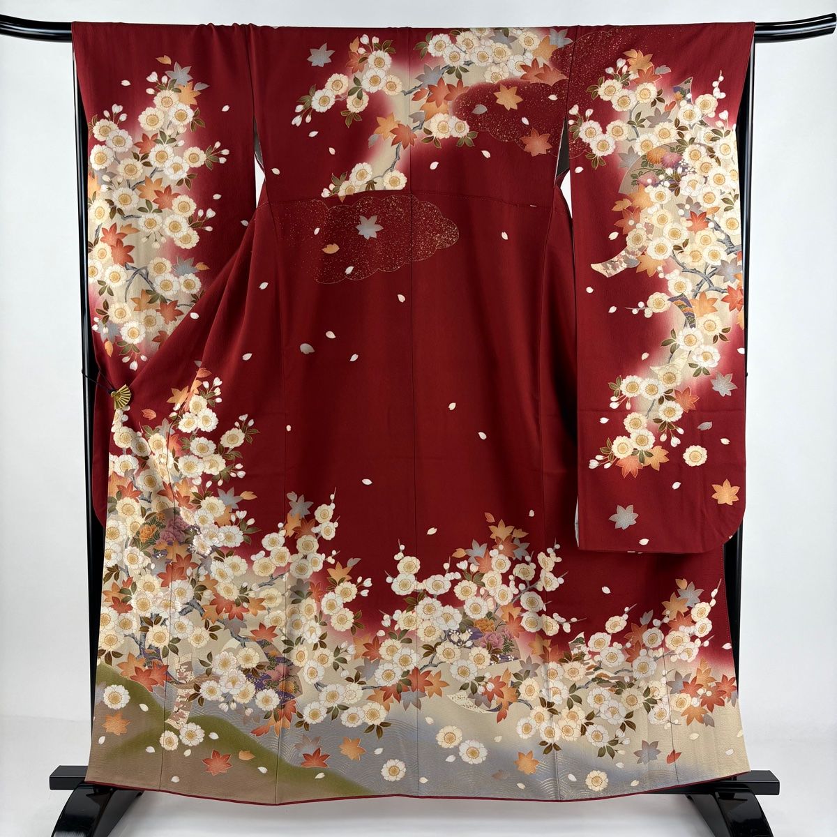 振袖 身丈159cm 裄丈67.5cm L 袷 桜 扇面 刺繍 金彩 赤 正絹 名品 【】