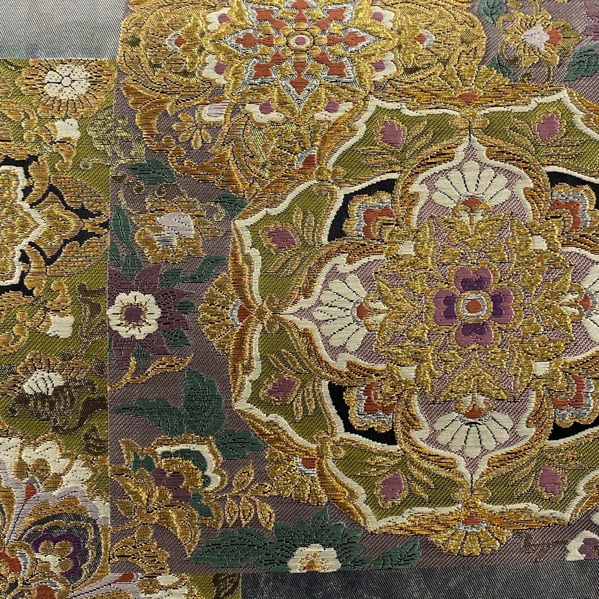 袋帯 秀品 美趣更紗文 華文 金銀糸 刺繍 銀色 六通 正絹