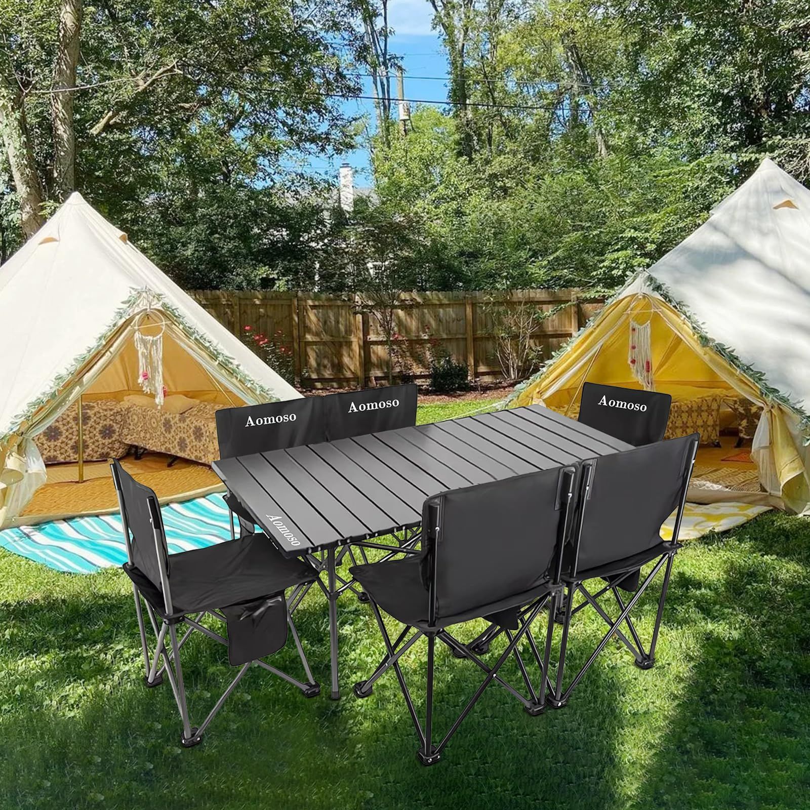 在庫処分 テント お釣り BBQ ガーデン 収納バッグ付き 組立簡単 折り畳み 屋外 超軽量 ピクニックテーブル ベンチセット キャンプ用品 ピクニック アルミテーブル椅子 7 7点セット チェア テーブル ブラック アウトドア Aomoso HRDEVELOPMENT_JP