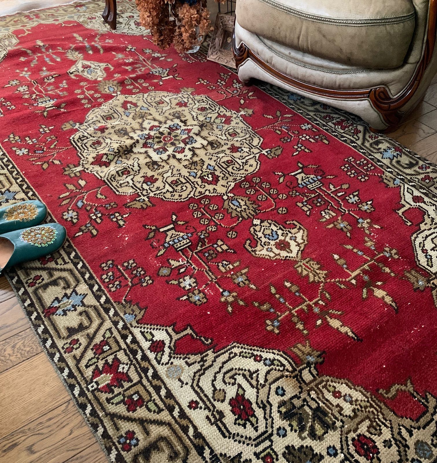 超大判 267×125 深みレッド メダリオン トルコヴィンテージラグ 絨毯 カーペット ヴィンテージ 手織り ラグ トルコラグ MARWIL-DEMENAGEMENTS_CH