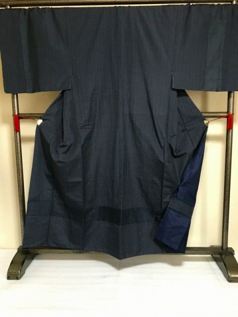 中古 紬 リメイク男物 正絹 濃紺無地 袖膝継ぎ 袷着物 裄75 2Lサイズ 福服特製 リサイクル あすつく シーズン冬