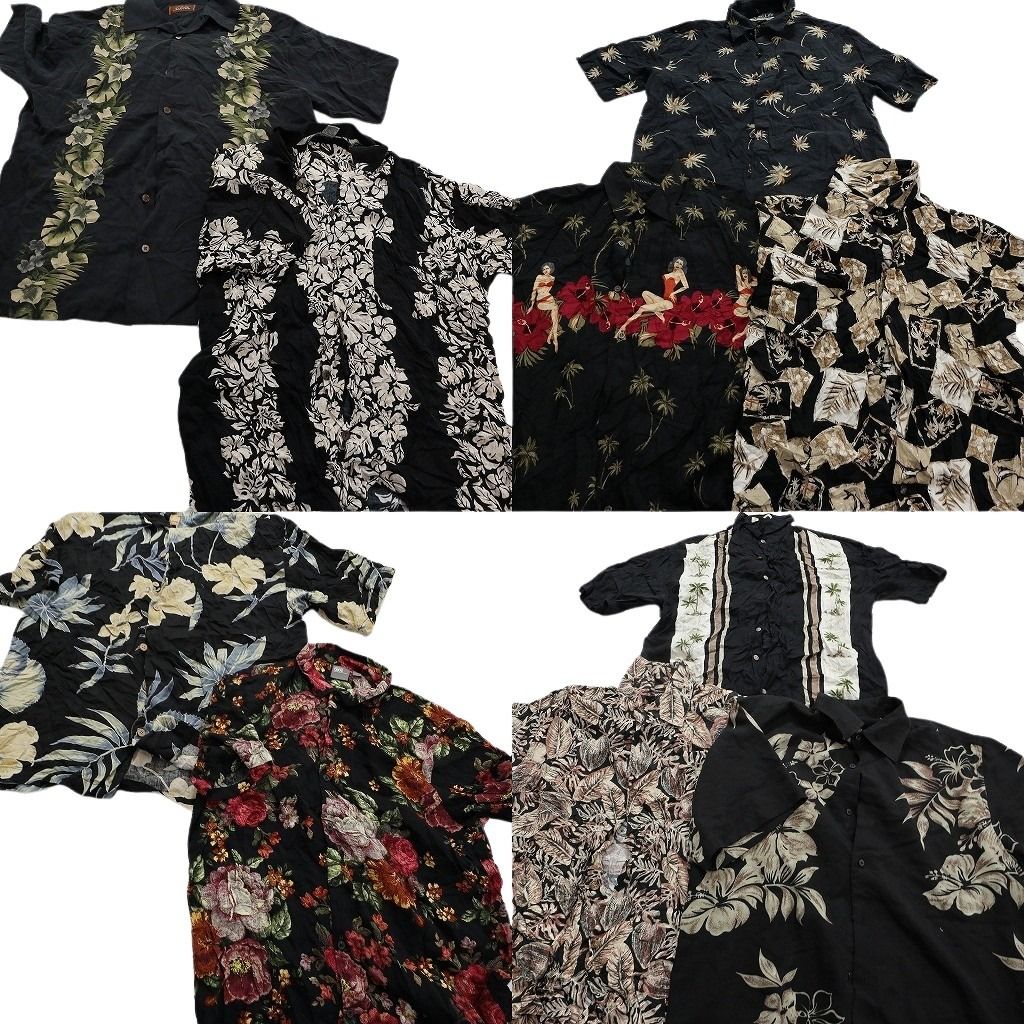 古着卸 黒ボディ アロハシャツ 半袖シャツ 10枚セット メンズ L ハイビスカス リーフ柄 パームツリー ヤシの木 古着 NA3204
