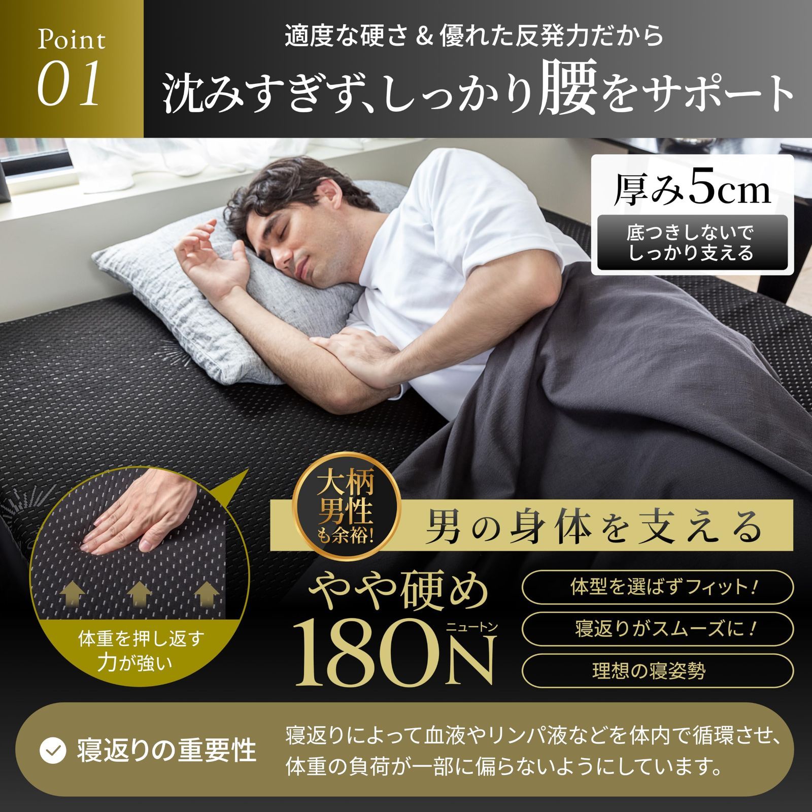 マットレス 高反発マットレス 厚さ5cm 硬め 180N 耐圧分散 消臭 抗菌 ウレタン 高密度32D ベッドマット 高反発 敷布団 眠 ブラック クイーン 長さ195cm