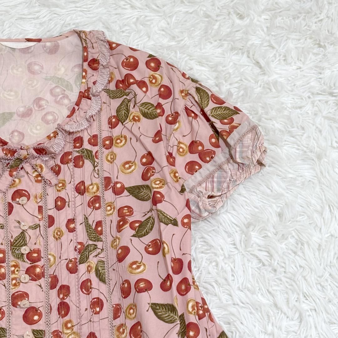 美品 PINK HOUSE ピンクチェリー柄半袖ワンピース ロング フリル