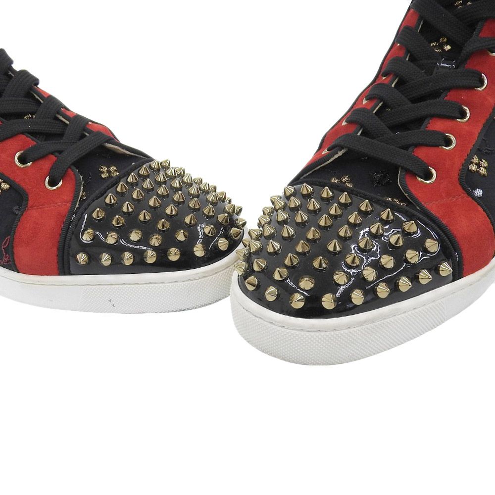 Christian Louboutin クリスチャンルブタン 美品 Christian Louboutin クリスチャンルブタン LOU SPIKES ORLATO 刺繍 スニーカー シューズ メンズ ブラック×レッド×ゴールド 42 1/2 42.5