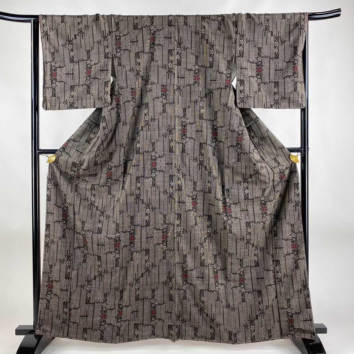 小紋 エラ 身丈161.5cm 裄丈67cm M 袷 紬地 袋帯セット 丸 絞り 