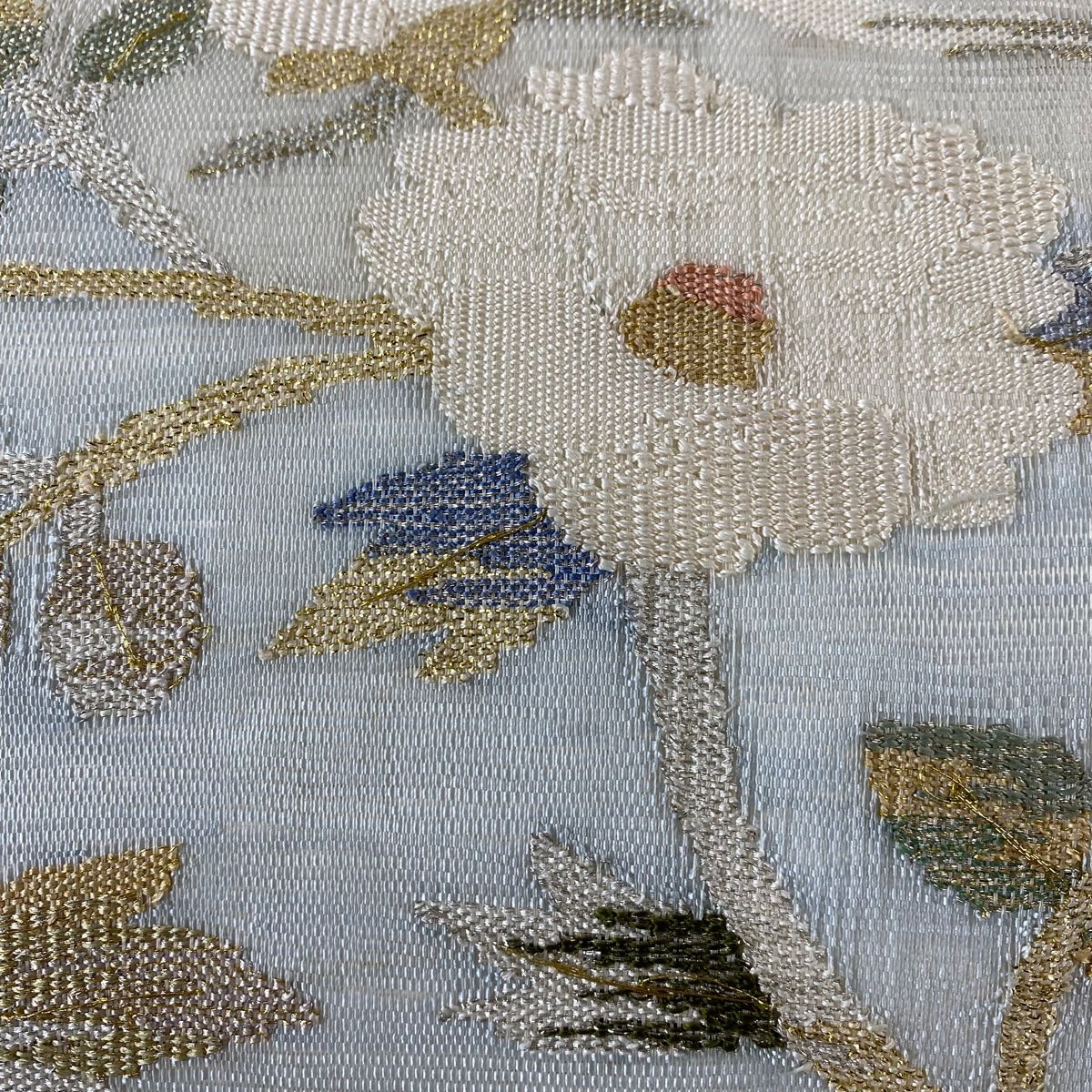 袋帯 美品 名品 夏帯 絽 枝花 流水 金銀糸 箔 クリーム お太鼓柄