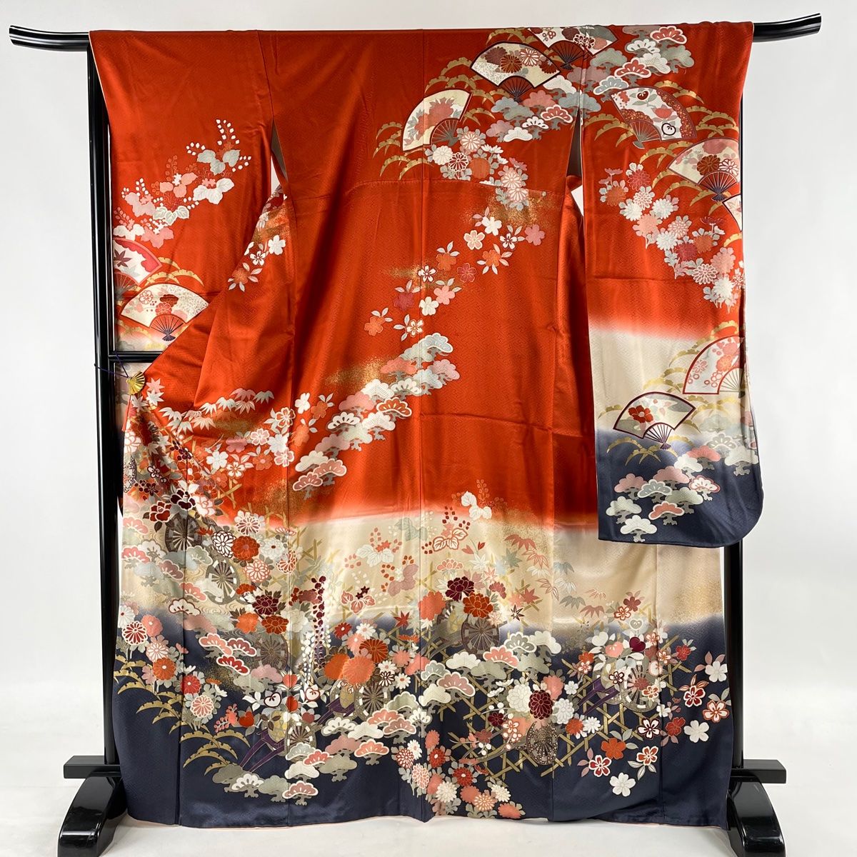 振袖 美品 秀品 花車 松 金彩 染め分け 朱色 袷 身丈167.5cm 裄丈69cm