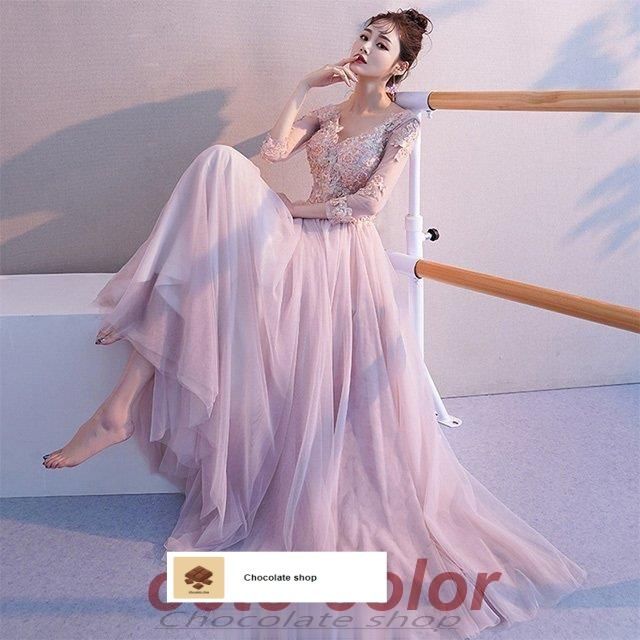 イブニングドレス ノースリーブ Vネック ロングドレス ピンク チュール ドレス 二次会 お呼ばれ 演奏会 発表会ドレス 長袖 パーティードレWP数量 価格926 MAAHADDERANG_COM