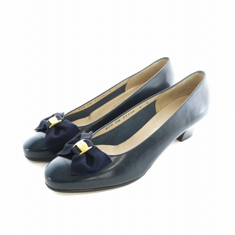サルヴァトーレフェラガモ Salvatore Ferragamo パンプス ラウンドトゥ ヴァラ リボン ロゴ レザー 8 25.5cm 紺 ネイビー GY11 |MQ