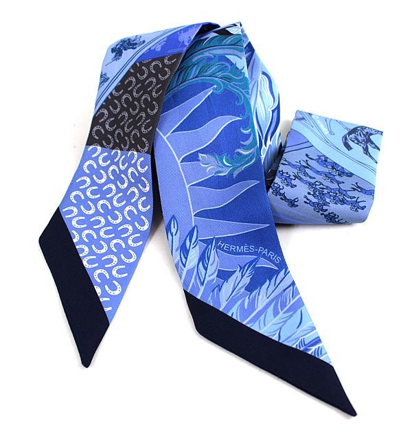 エルメス ツイリー　スカーフ　ネクタイ　レディース　HERMES ブルー　極美品約８４センチH