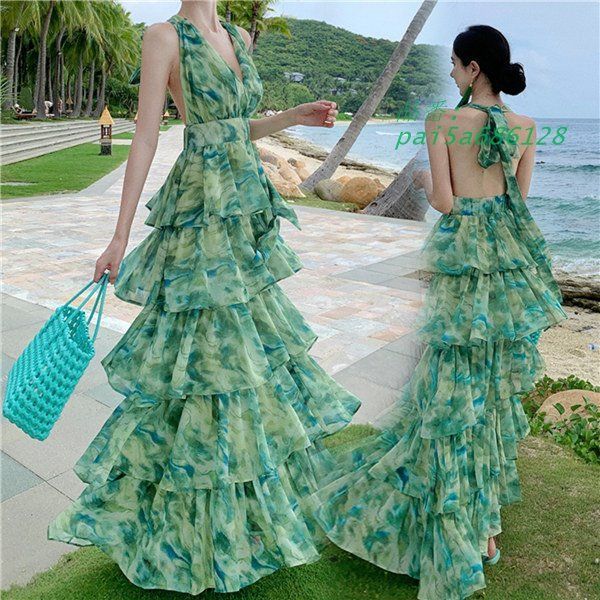 ワンピース レディース シフォン リゾート ロング シフォン ハワイ 沖縄 Aライン 旅行用 pai5a686128