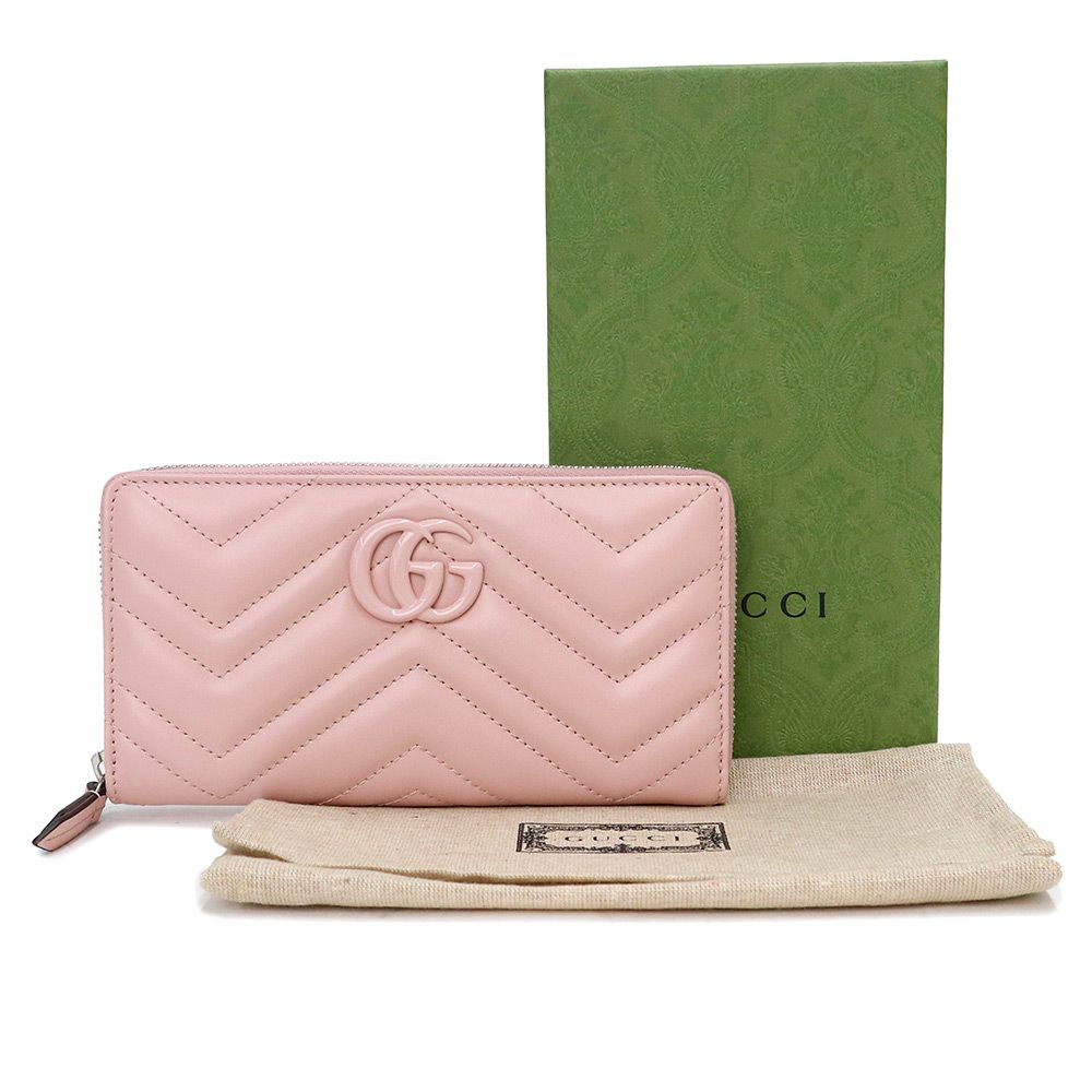 （新品・未使用品）グッチ GUCCI GGマーモント シェブロン ジップアラウンド ウォレット ラウンドファスナー 長財布 キルティングレザー ライトピンク シルバー金具 443123 箱付 グッチ GGマーモント シェブロン ジップアラウンド ウォレット