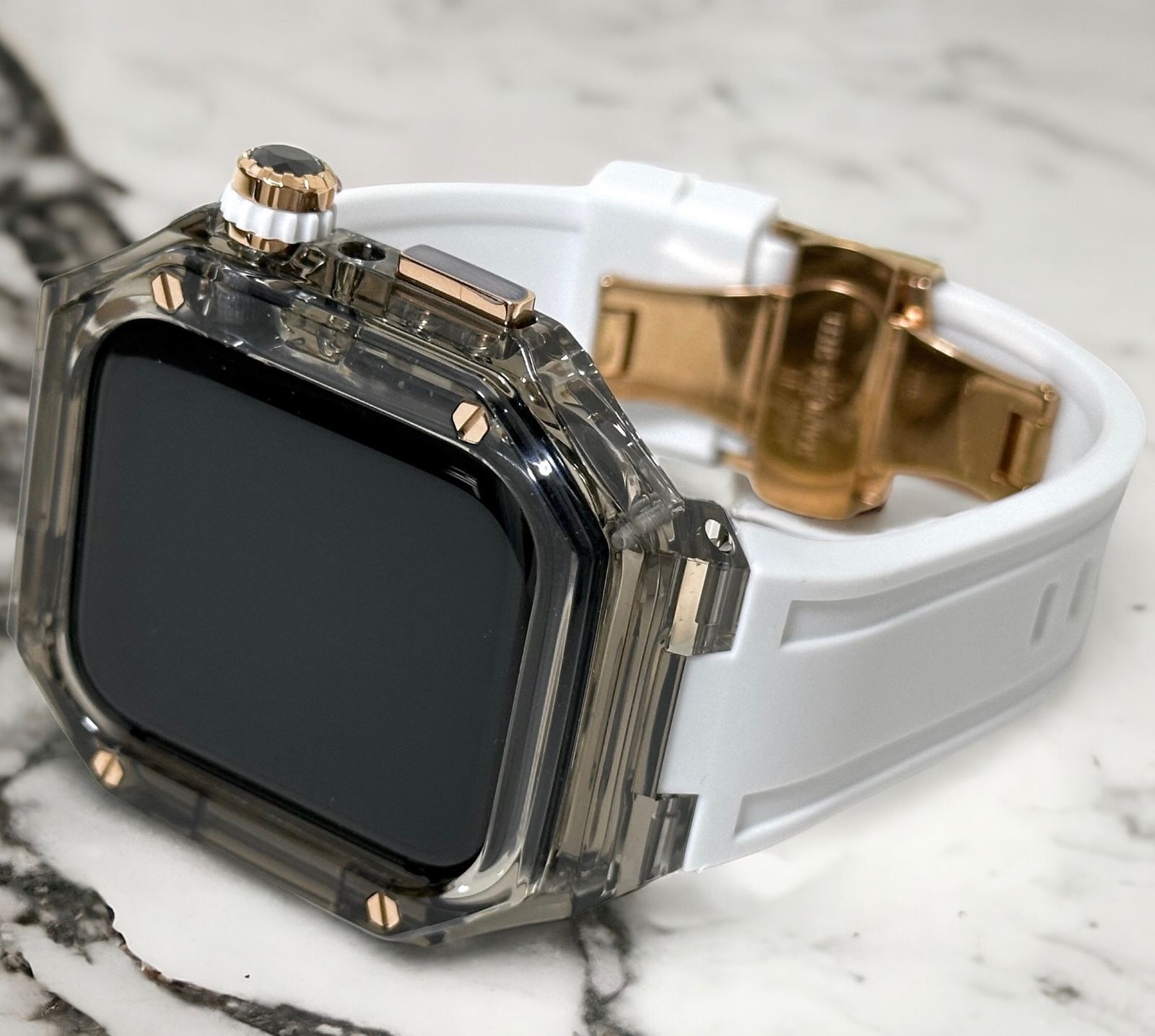 クリアブラック ローズゴールド ホワイト アップルウォッチ ラバーベルト カバー クリア ケース 40mm 41mm 44mm 45mm 4 5 6 7 8 9 se スポーツ メンズ レディース 4スクリュー Apple Watch バンド Dバックルモデル