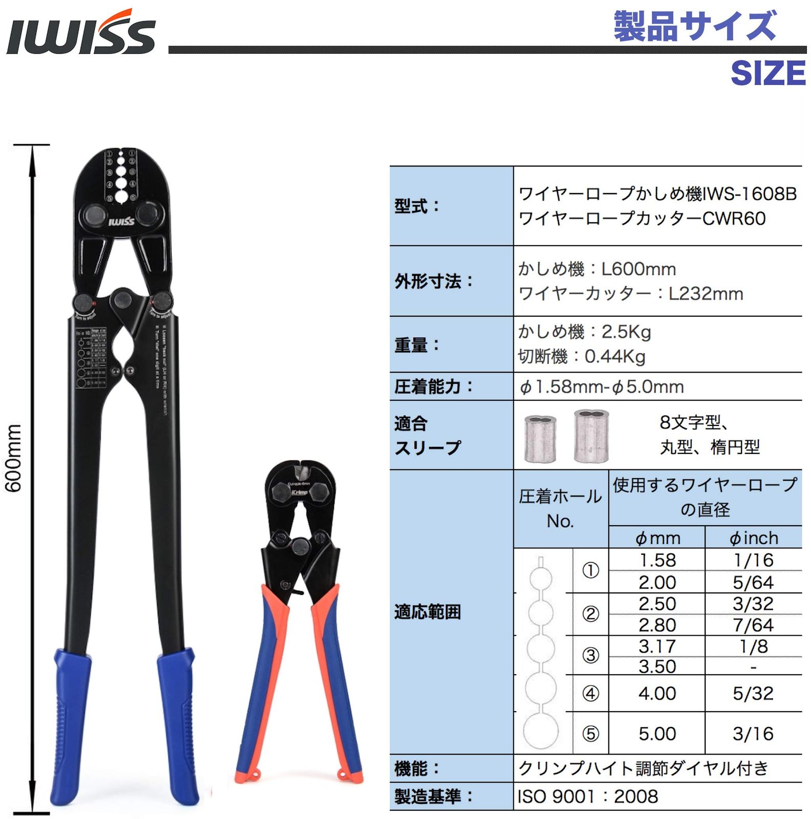 かしめ機 クランプ管 アルミスリーブ 圧着 ワイヤーロープカッター 切断 ワイヤーロープ φ1.58mm-φ5.0mm圧着 オーバルスリーブ IWS-1608B CWR60 アイウィス IWISS