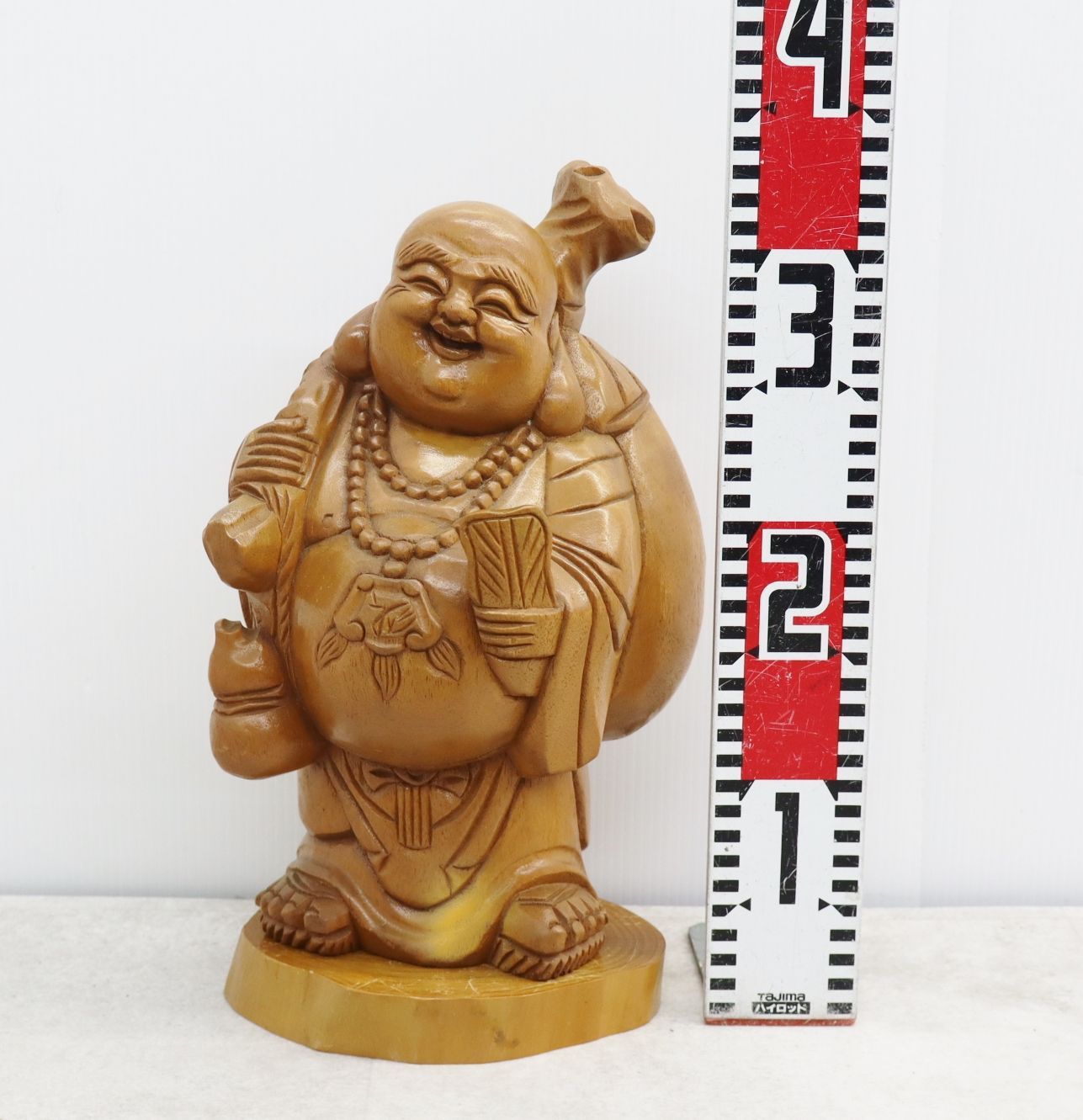 ◇高さ約34cm 木彫り 昭和レトロ｜木製 七福神 布袋 木製置き台セット