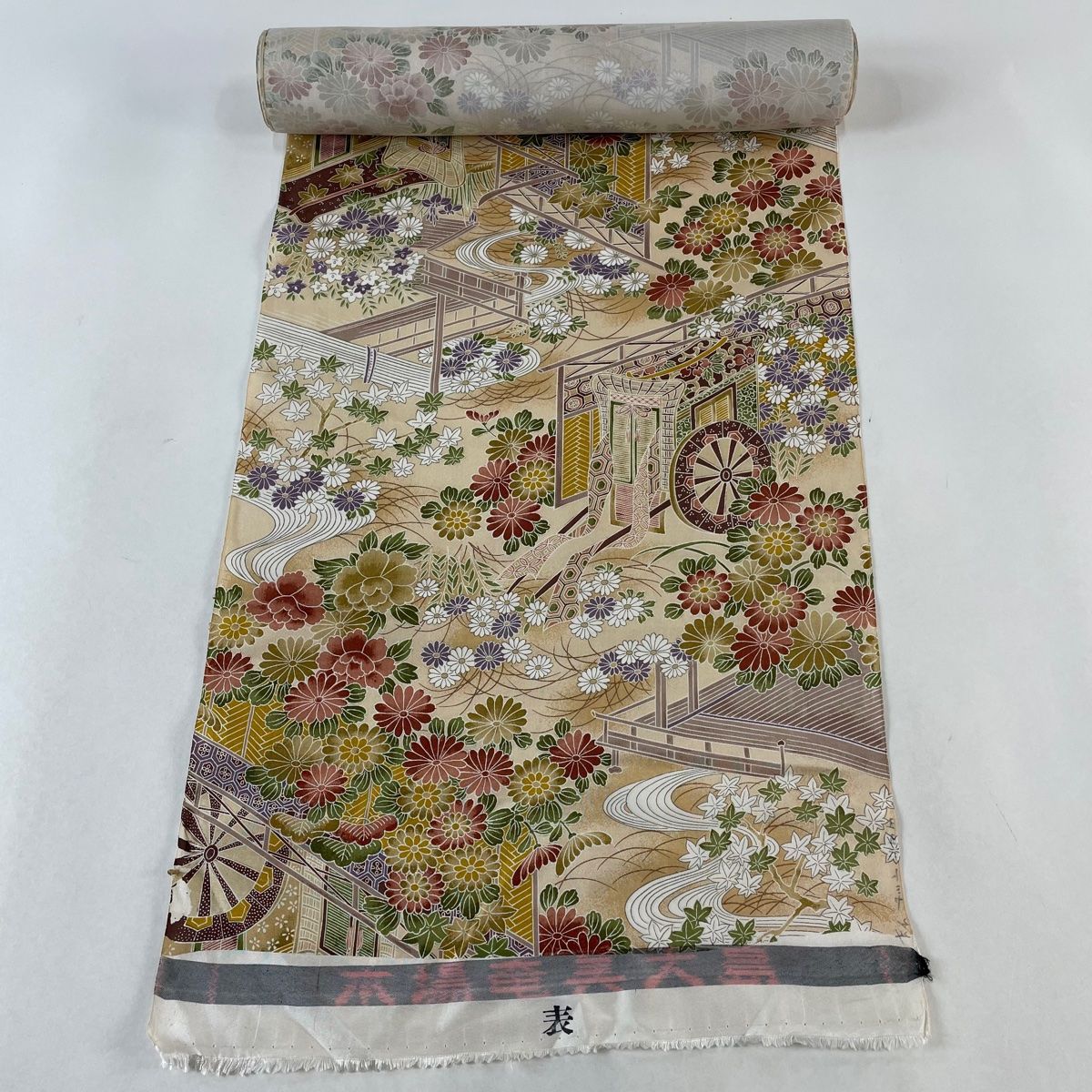 反物 秀品 小紋 紬地 御所車 草花 ベージュ 正絹