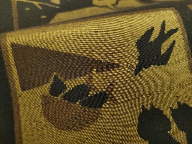 平和屋着物●つけ帯 紬地 四季 猫 燕 焦茶色 正絹 ♥ ps ストレッチ素材 二次会向け