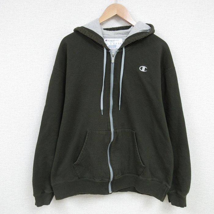 XL/古着 チャンピオン Champion 長袖 フルジップ スウェット パーカー メンズ ワンポイントロゴ 大きいサイズ クルーネック 濃緑 グリーン 