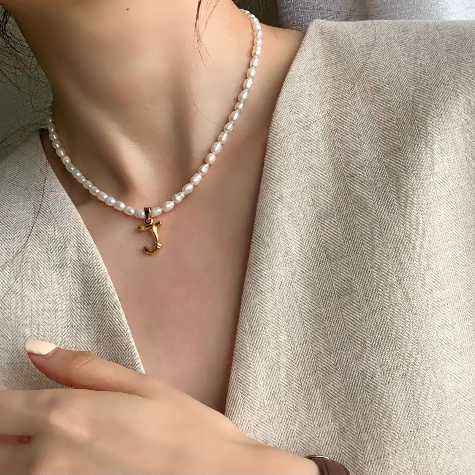 パールバンブーイニシャルネックレス　 ゴールド 　18k