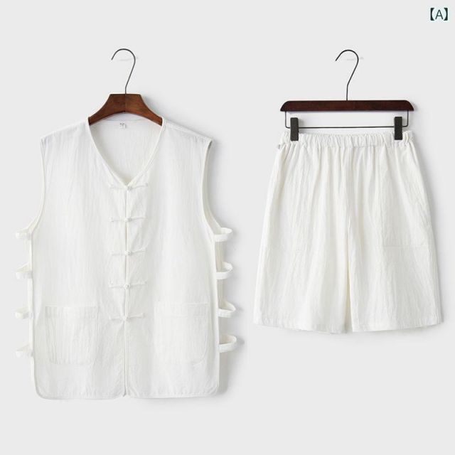 [M]メンズ ファッション 服 男性用 オシャレ シンプル 大人 かっこいい 大きいサイズ ストリート 紳士服 夏 リネン 半袖 スーツ Vネック エスニック 薄型 唐服