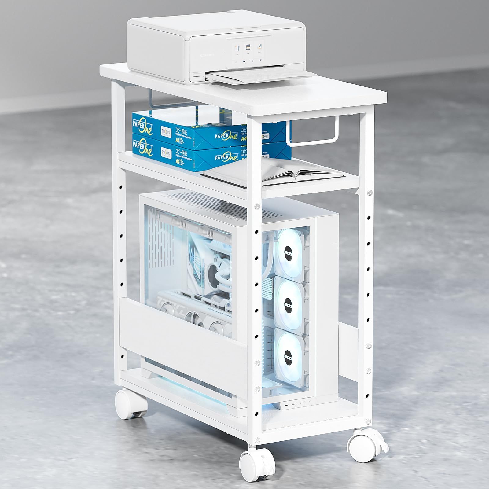 ストッパー付き 収納棚 移動便利 デスクサイドワゴン 木製 パソコン収納 棚板高さ調節 幅60×奥行30×高さ70cm デスクワゴン キャスター付き CPUワゴン 複合機ラック ホワイト PCワゴン パソコンワゴン MIYOKI
