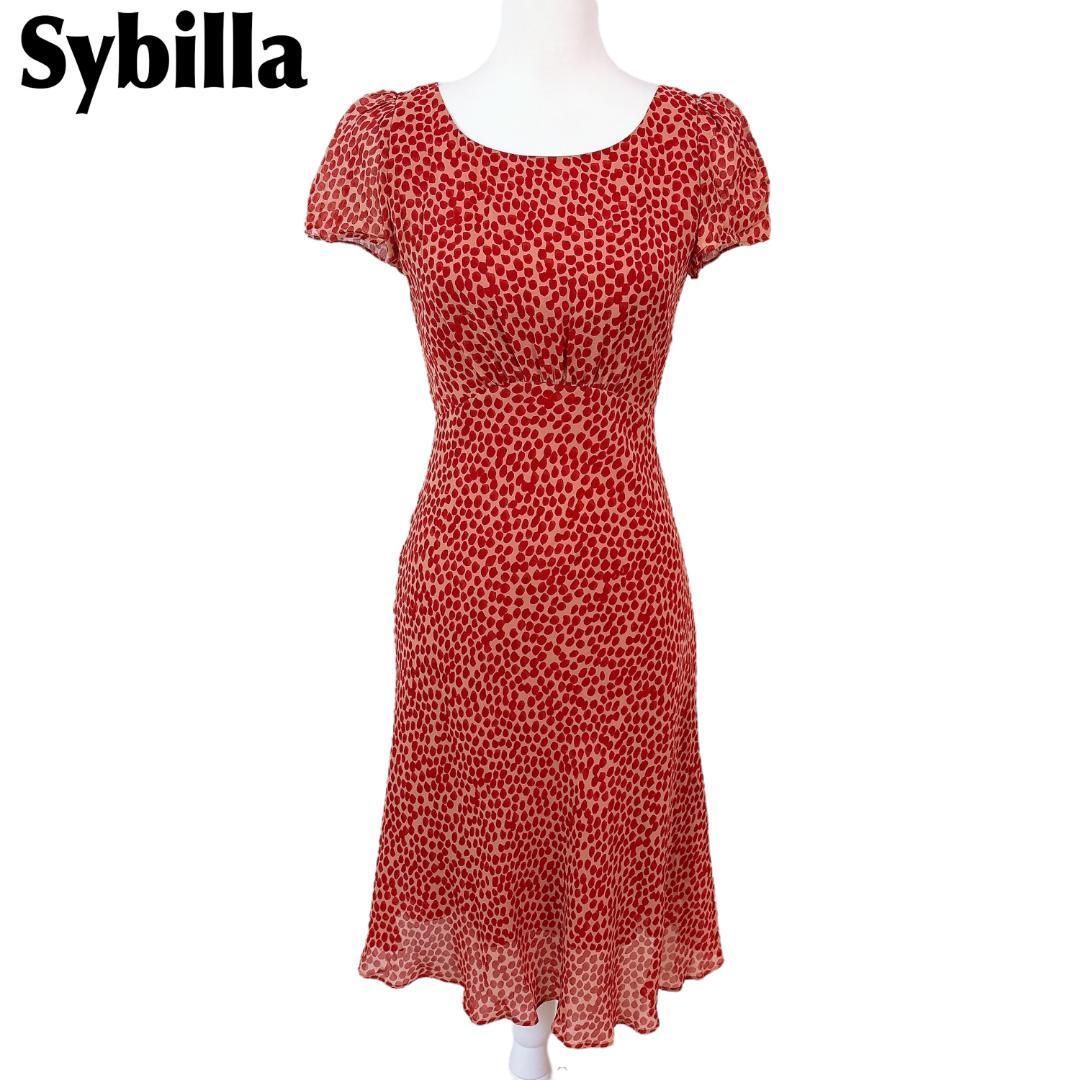 シビラ 半袖ワンピース シアー シルク M 総柄 レッド