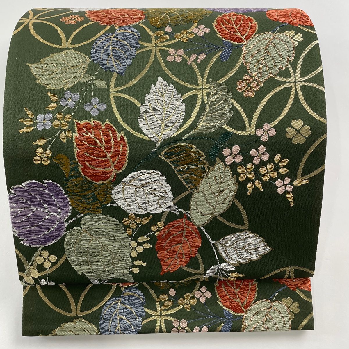 袋帯 美品 名品 草花 七宝 金銀糸 箔 深緑 六通 正絹 【中古