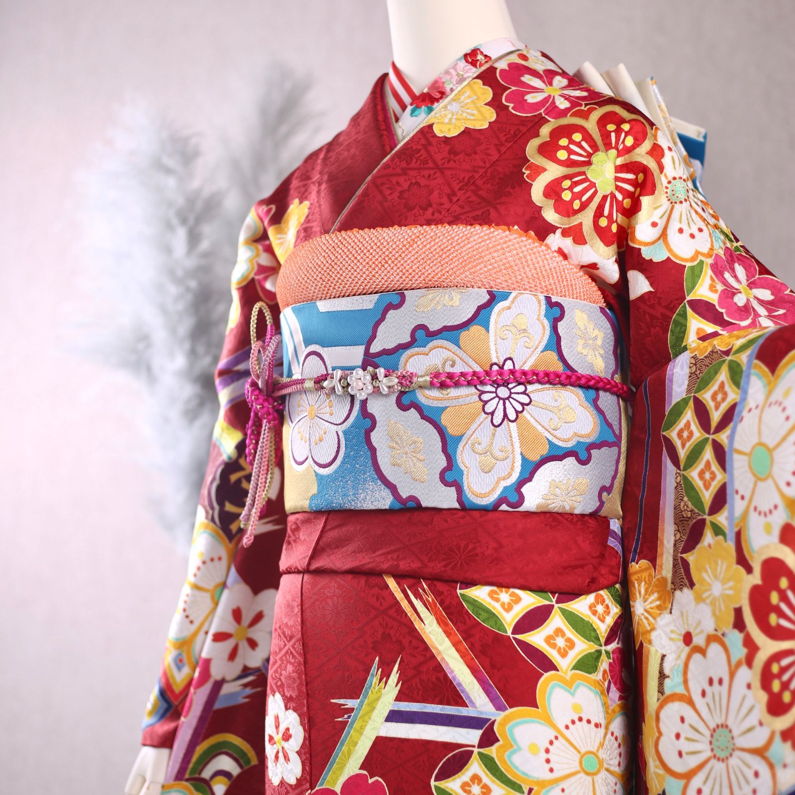 振袖フルセット 振袖セット 振袖 LLサイズ 赤×レトロ 美品 成人式 着物