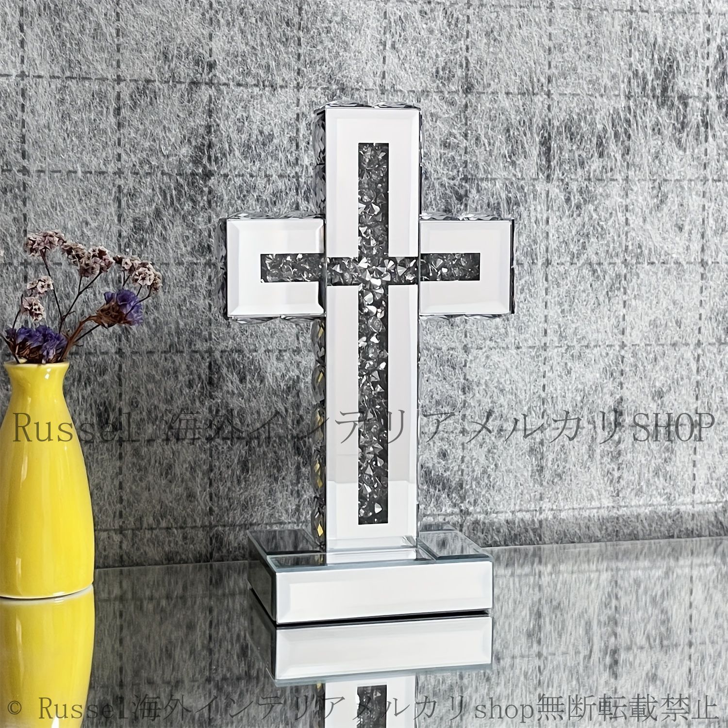クリスタル クロス オブジェ 置物 ガラス ミラー 鏡 卓上 十字架