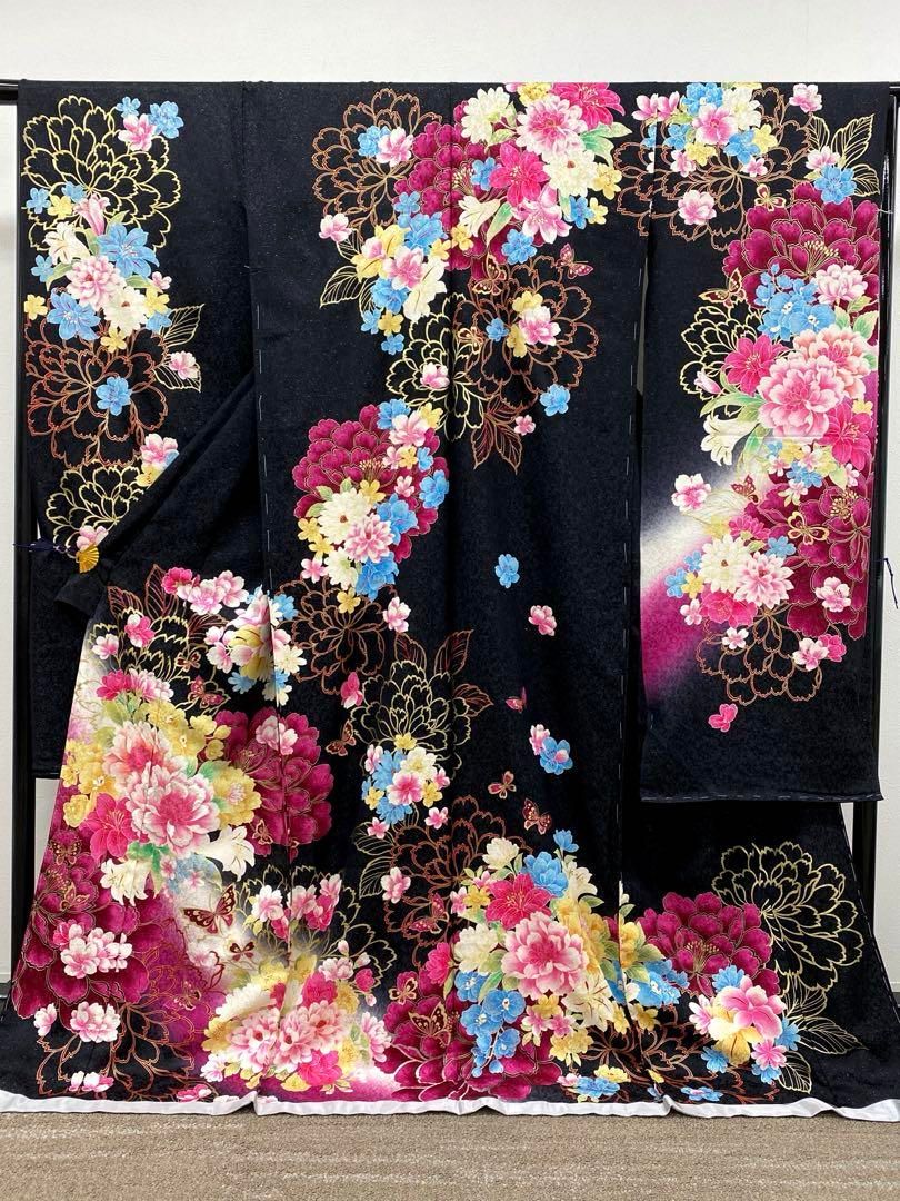 振袖 仮絵羽 舞台衣装 銀通し 紋意匠 刺繍 大輪 正絹 未仕立て品 八掛 
