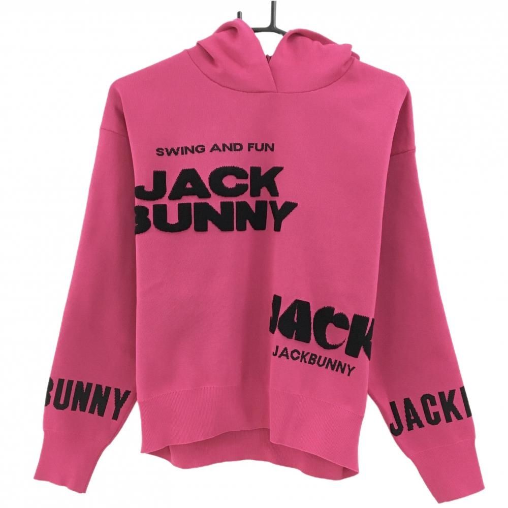 JACK BUNNY フード付きセーター ピンク 1 ユニセックス 美品】ジャックバニー ニットパーカー ピンク×黒 ビッグロゴ セーター