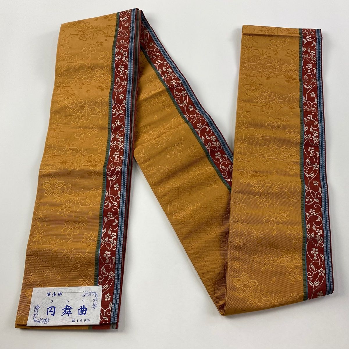 半幅帯　本場筑前博多　桜と斜め格子　正絹 半幅帯 美品 秀品 証紙 本場筑前博多織 桜 花唐草 薄茶色 正絹