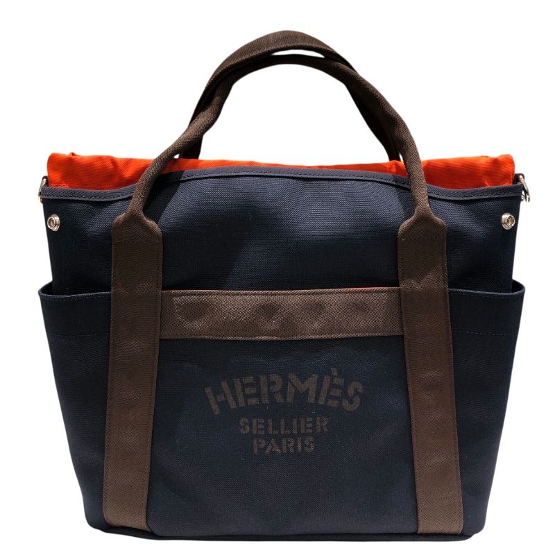 HERMES★ドーヴィルMM トートバッグ ネイビー 美品 HERMES ドーヴィル フールトゥ ネイビー トート キャンパス MM