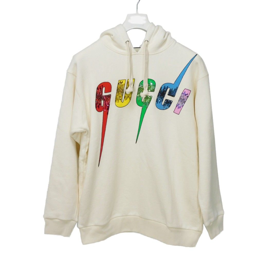 GUCCI - GUCCI グッチ ブレード スパンコール フーディ M ビジュー ビーズ マルチカラー ロゴ コットン アイボリー パーカー 469251 XJA0E 9230 GUCCI グッチ ブレード スパンコール フーディ M ビジュー