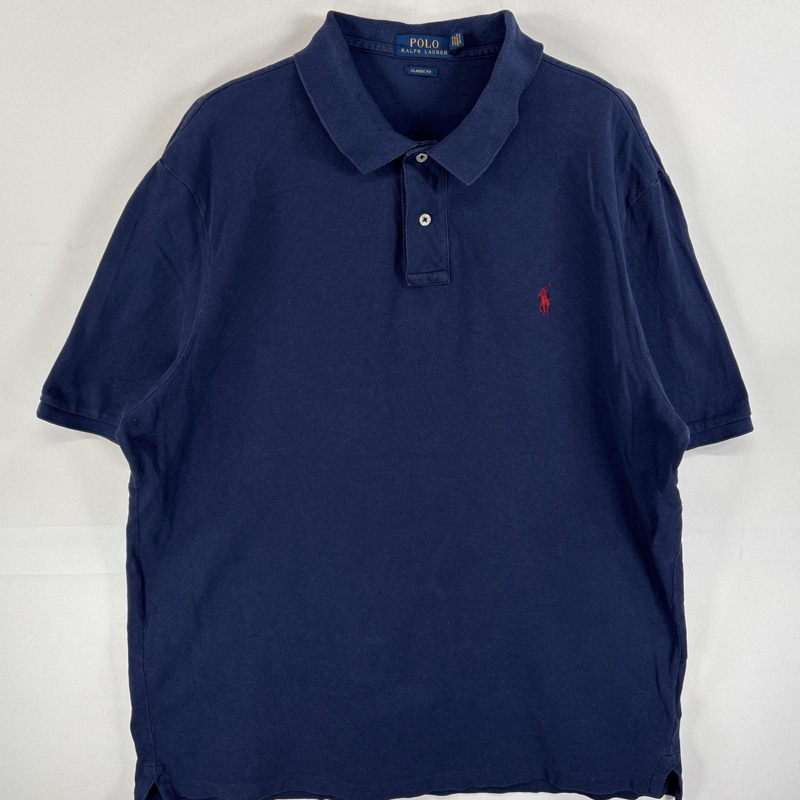 古着 ポロ・ラルフローレン POLO RALPH LAUREN ポロシャツ ワンポイント ロゴ 刺繍 大きいサイズ 2ボタン XL  ネイビー 無地 メンズ