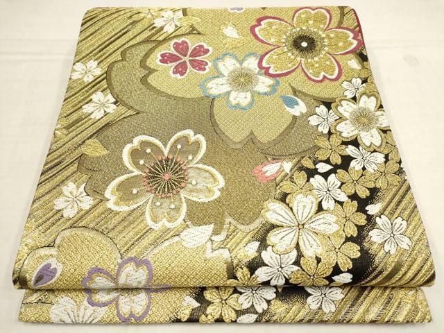 A12 美品　六通柄袋帯　振袖用　松舞　桜文花　金糸　ゴールド　正絹 平和屋着物▽振袖用六通柄袋帯 舞桜文 金糸 正絹 逸品